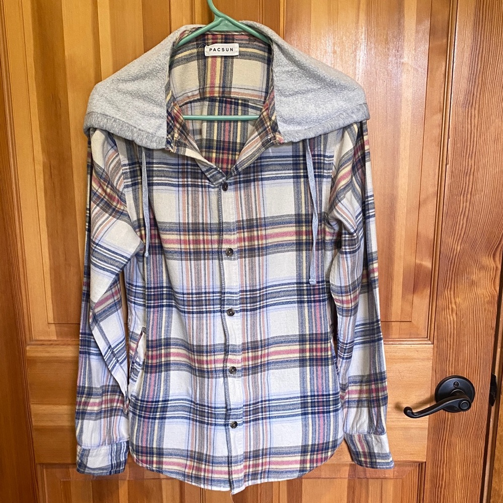 PacSun Multicolor Plaid Flannel Oversized Shirt with Grey Hood
